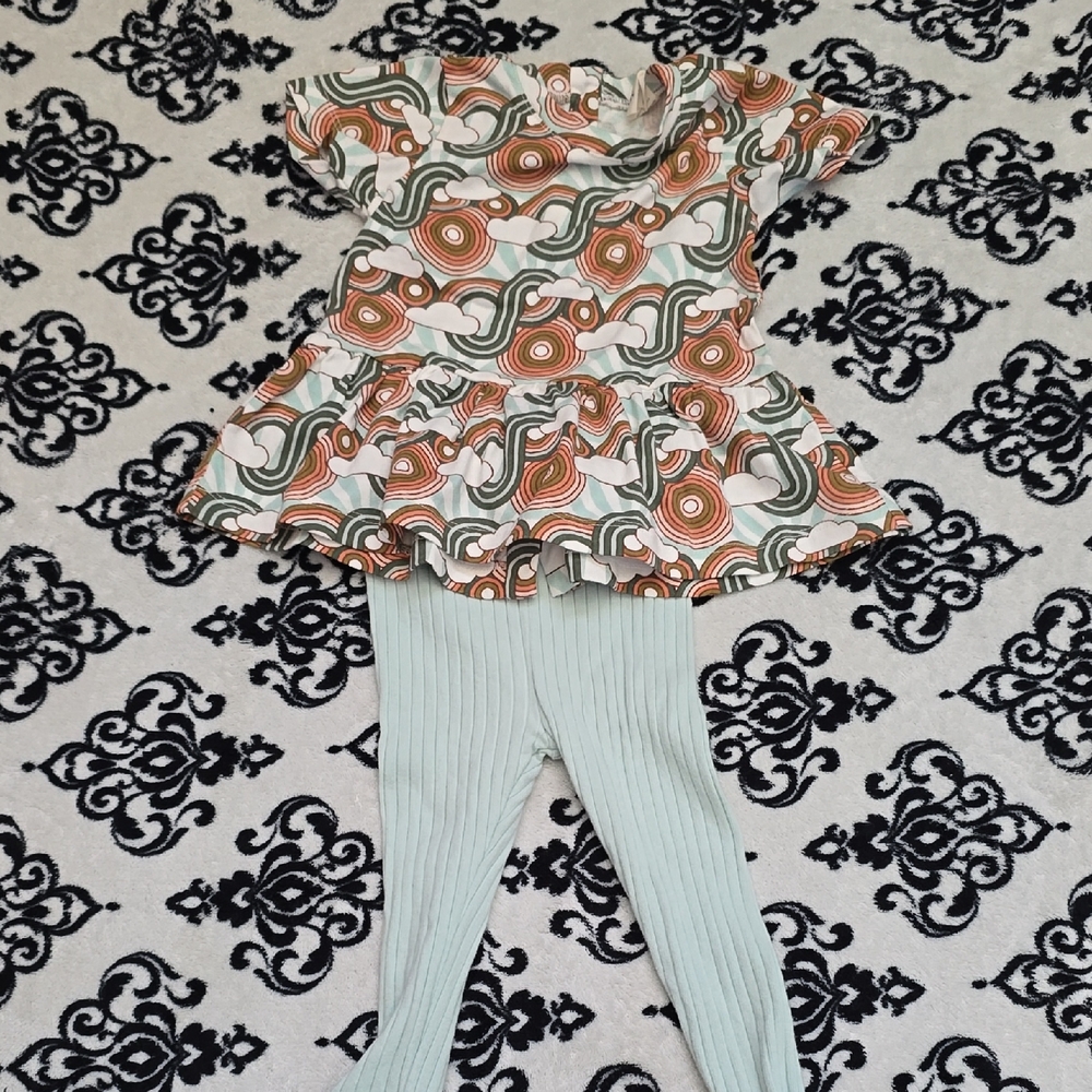 Girls' Retro Print Peplum Top with Sage Ribbed Leggings